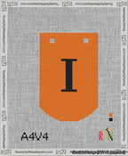 A taped needlepoint canvas with the design: Banner 13 mesh count Curved I Black on Orange.