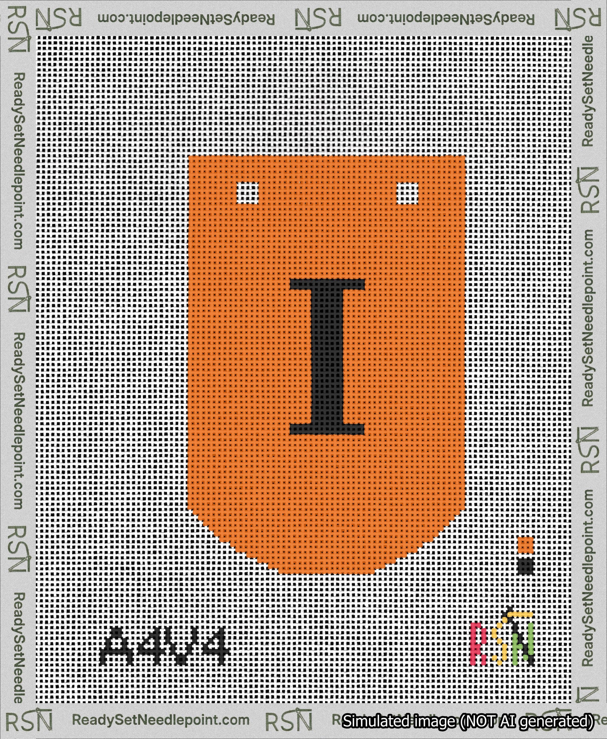 A taped needlepoint canvas with the design: Banner 13 mesh count Curved I Black on Orange.