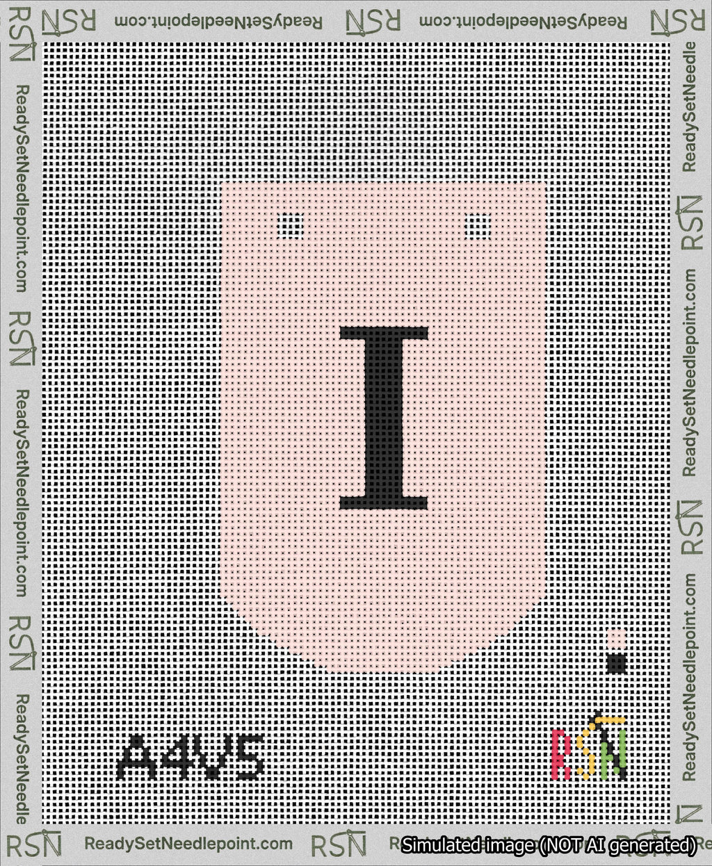 A taped needlepoint canvas with the design: Banner 13 mesh count Curved I Black on Pink.