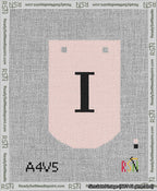 A taped needlepoint canvas with the design: Banner 13 mesh count Curved I Black on Pink.