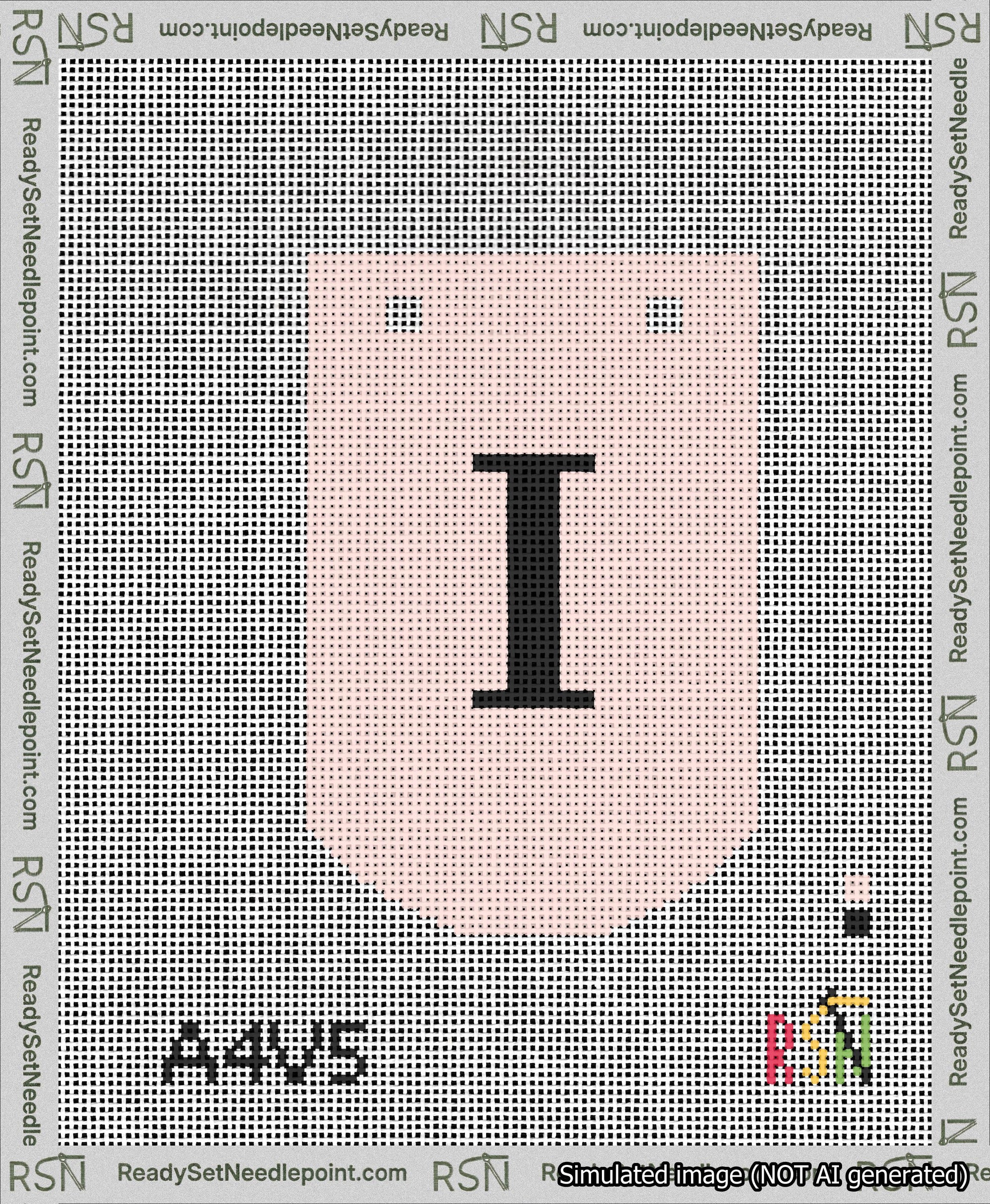 A taped needlepoint canvas with the design: Banner 13 mesh count Curved I Black on Pink.