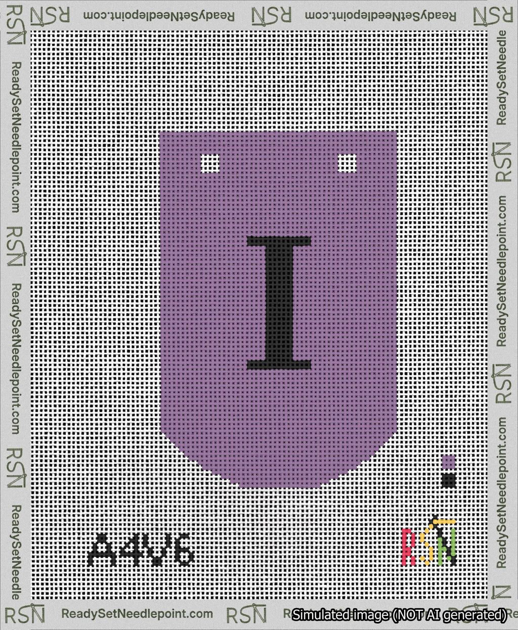 A taped needlepoint canvas with the design: Banner 13 mesh count Curved I Black on Purple.