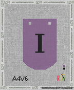 A taped needlepoint canvas with the design: Banner 13 mesh count Curved I Black on Purple.