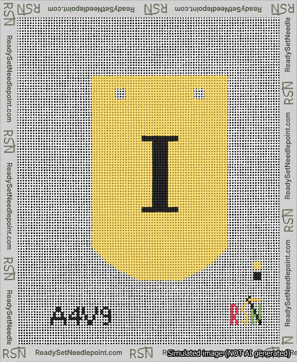 A taped needlepoint canvas with the design: Banner 13 mesh count Curved I Black on Yellow.