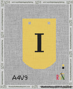 A taped needlepoint canvas with the design: Banner 13 mesh count Curved I Black on Yellow.