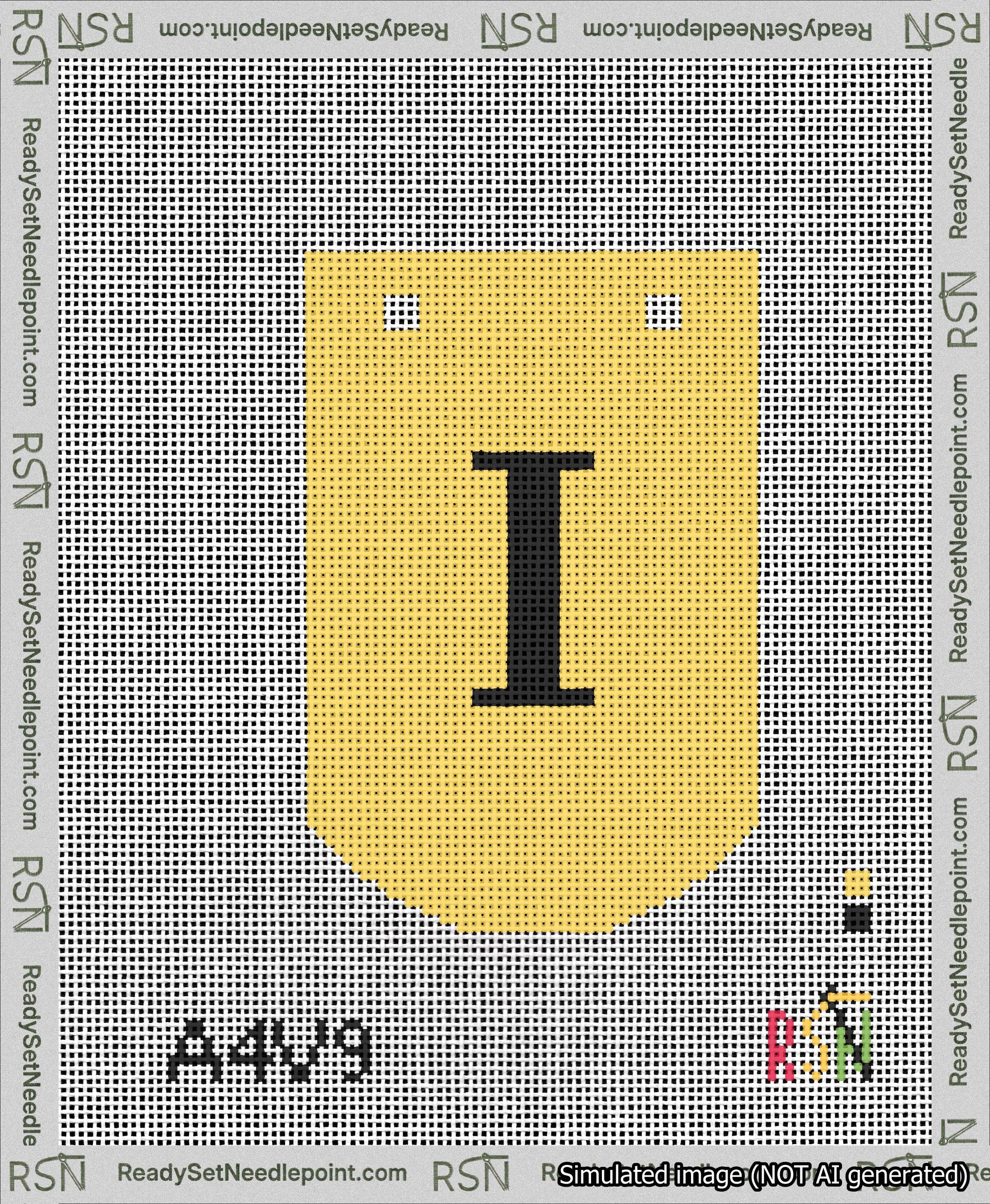 A taped needlepoint canvas with the design: Banner 13 mesh count Curved I Black on Yellow.