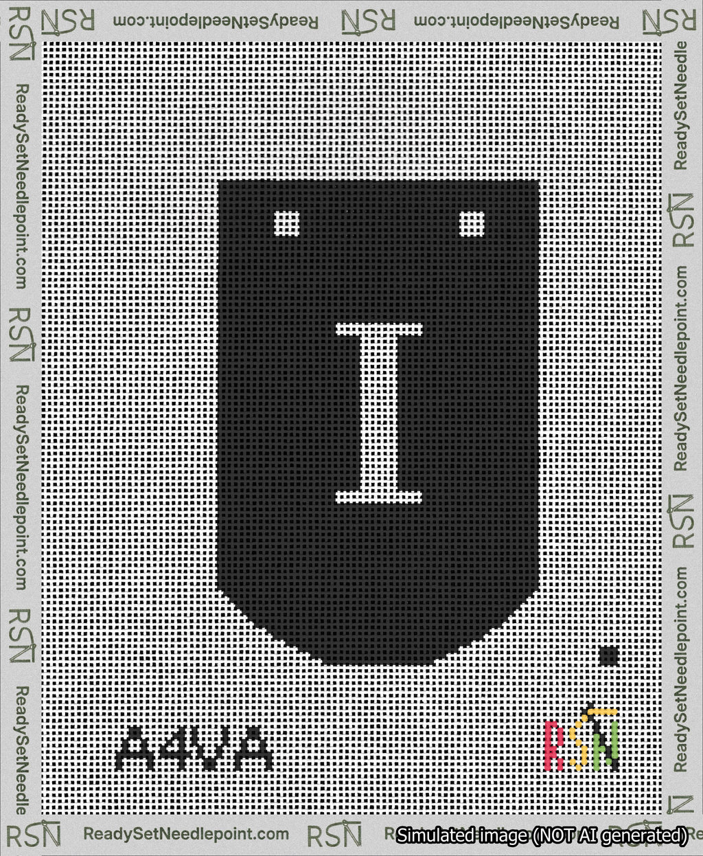 A taped needlepoint canvas with the design: Banner 13 mesh count Curved I White on Black.