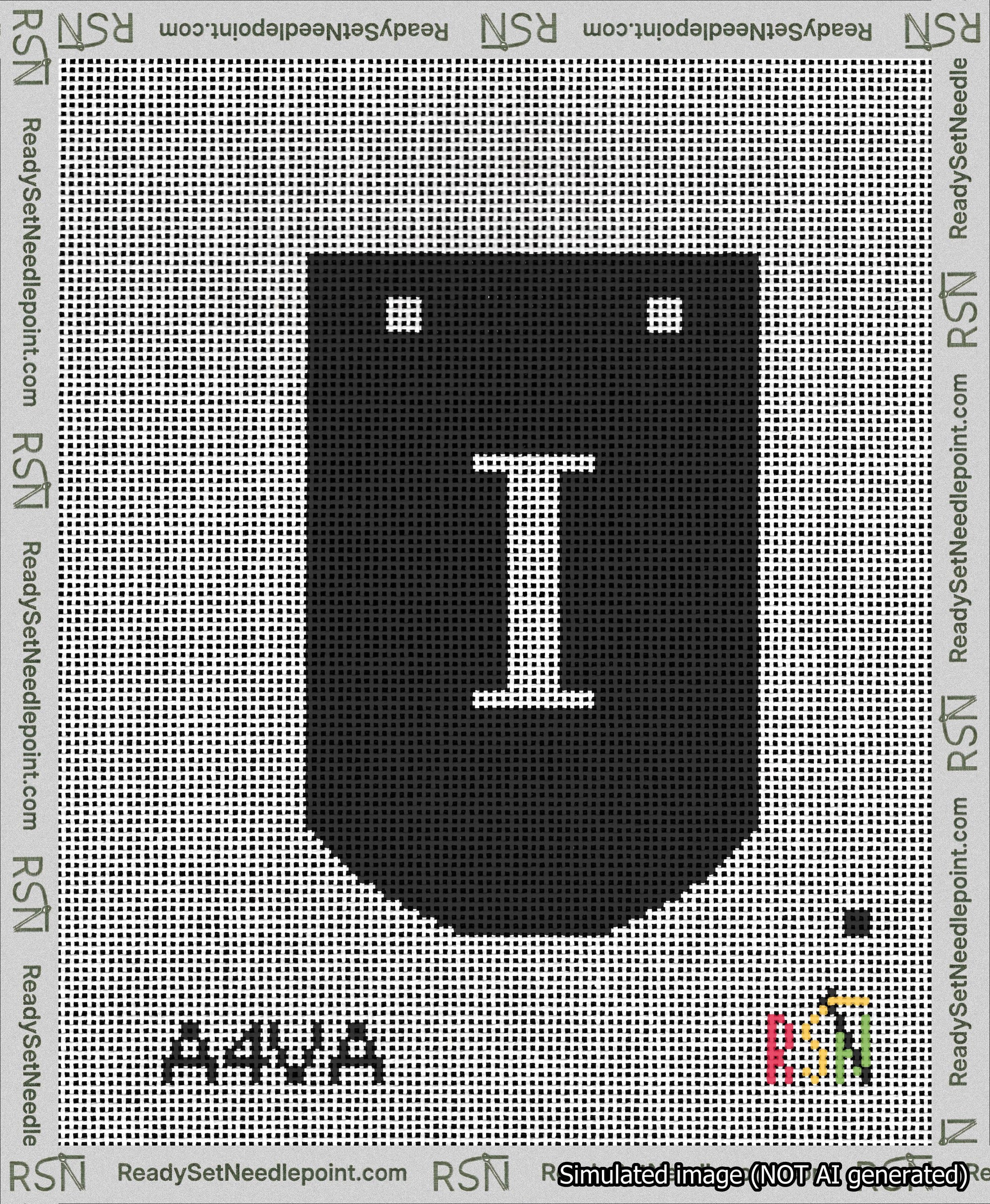 A taped needlepoint canvas with the design: Banner 13 mesh count Curved I White on Black.