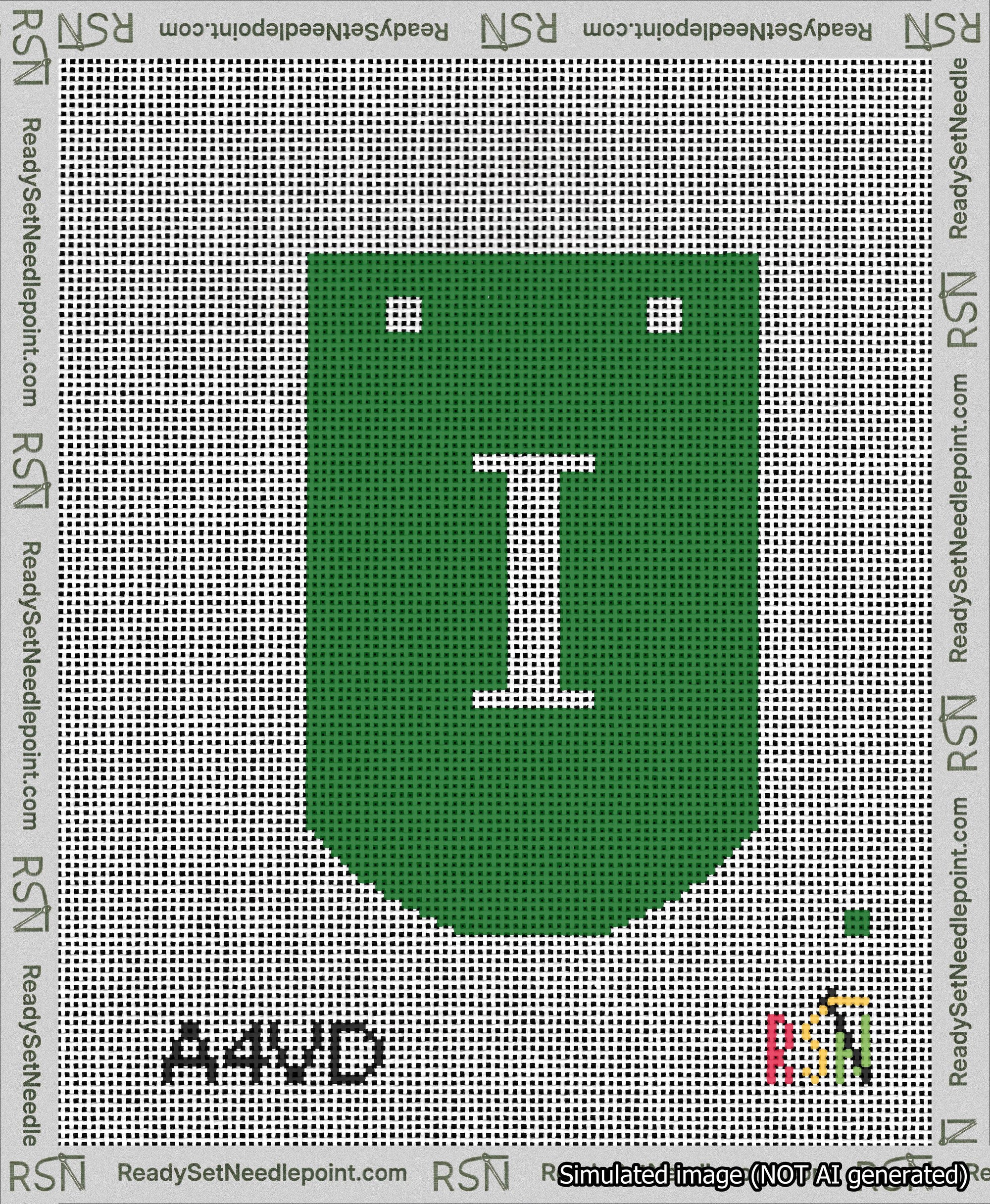 A taped needlepoint canvas with the design: Banner 13 mesh count Curved I White on Green.