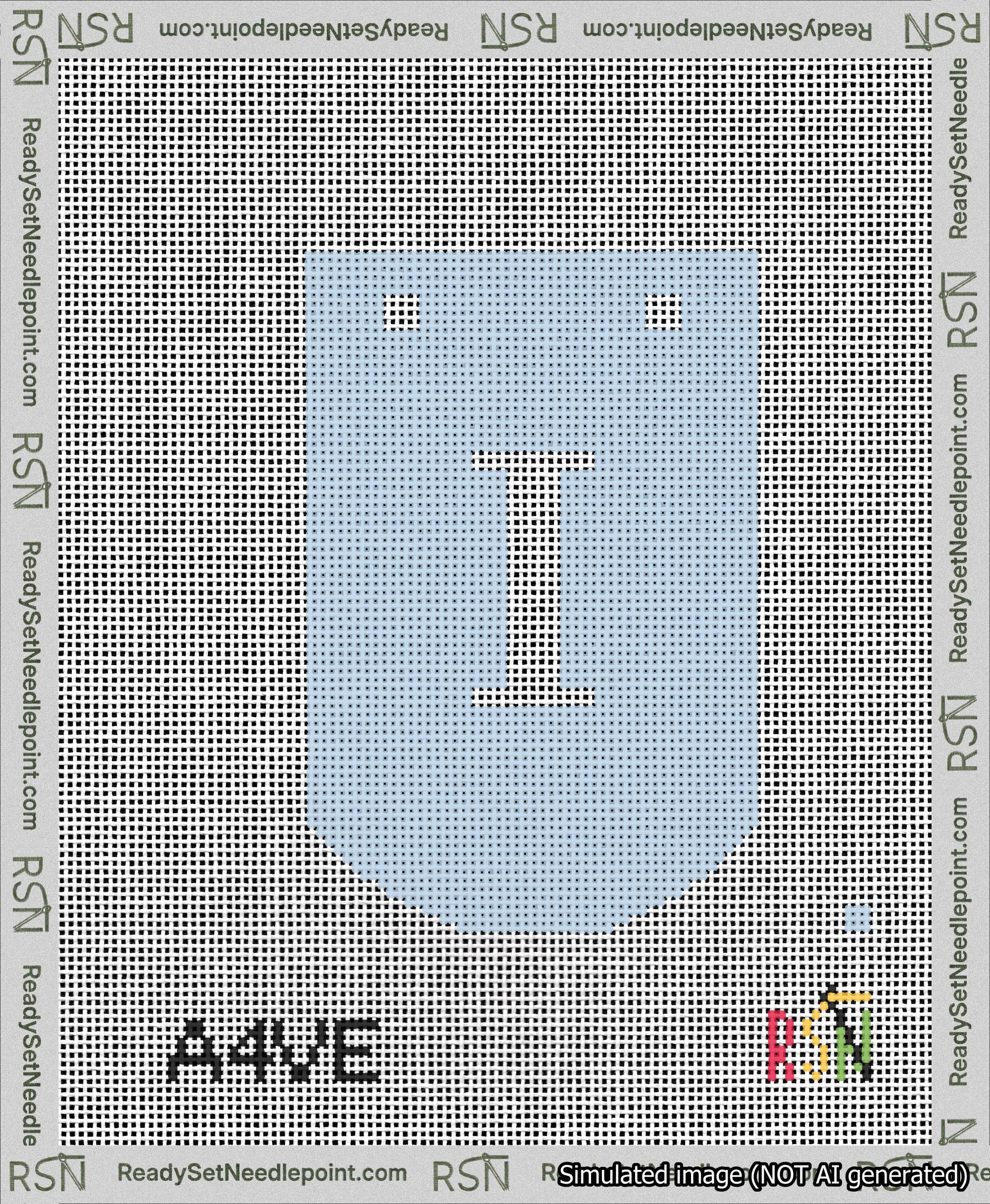 A taped needlepoint canvas with the design: Banner 13 mesh count Curved I White on Light Blue.