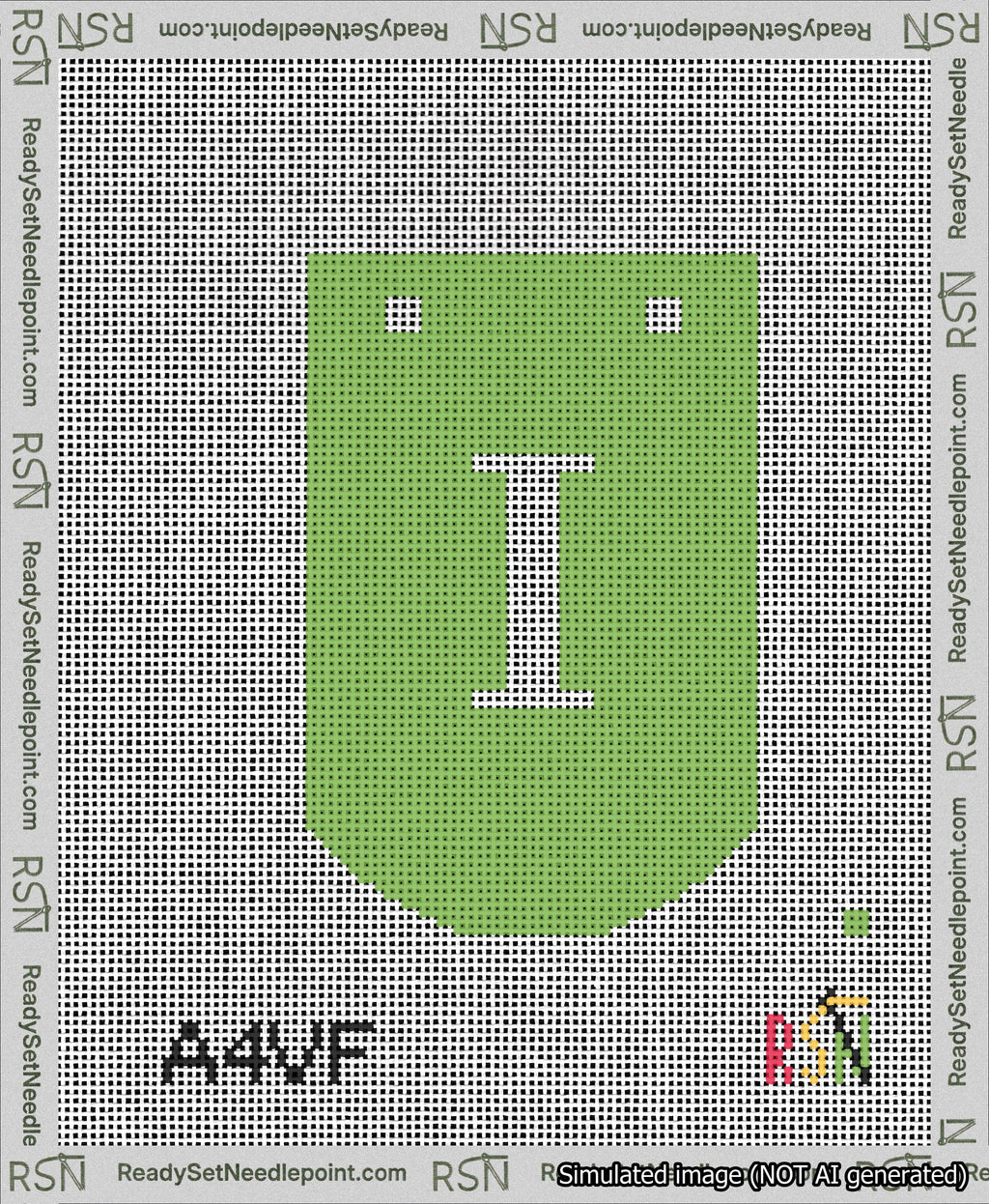 A taped needlepoint canvas with the design: Banner 13 mesh count Curved I White on Light Green.