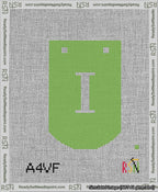 A taped needlepoint canvas with the design: Banner 13 mesh count Curved I White on Light Green.
