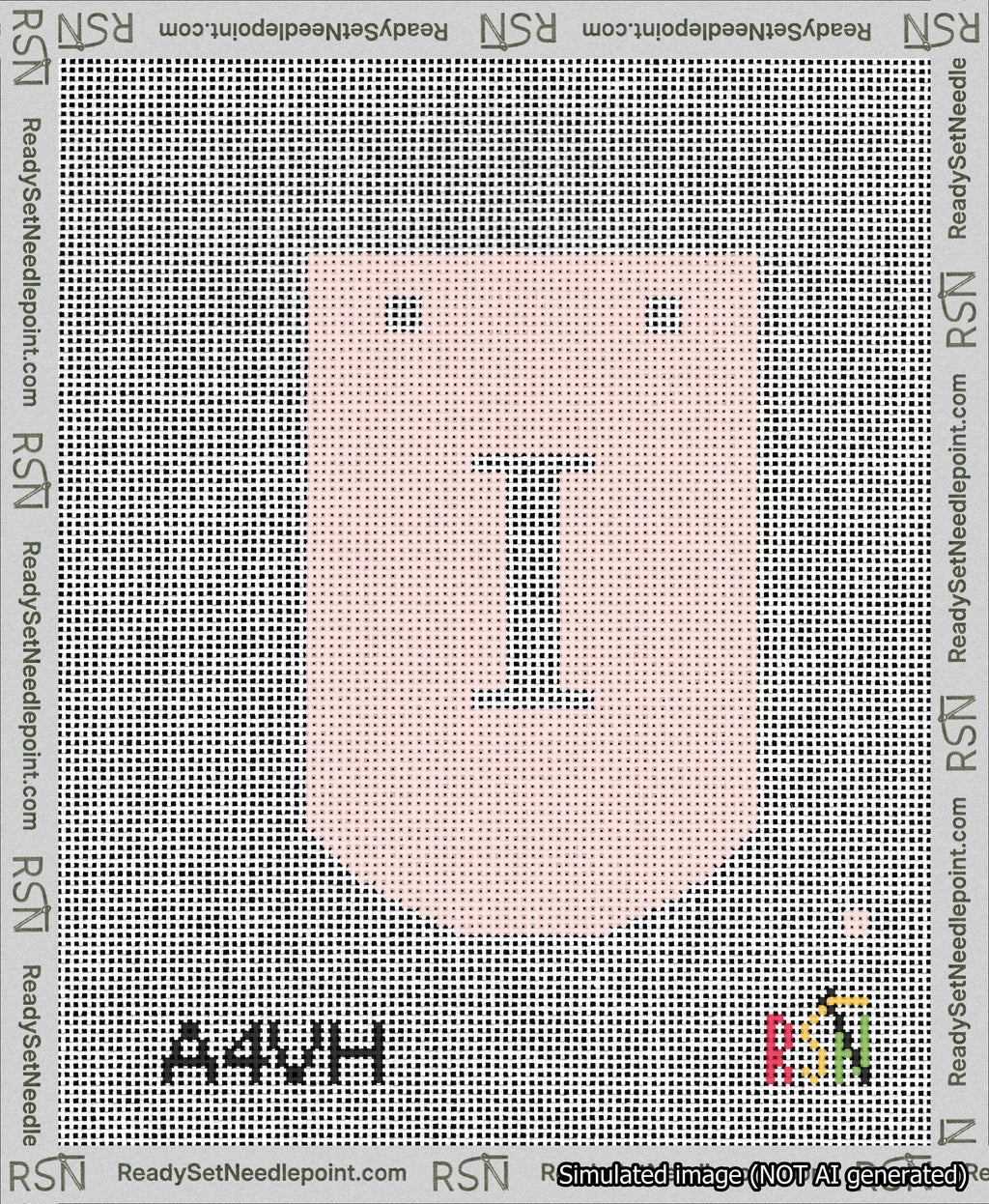 A taped needlepoint canvas with the design: Banner 13 mesh count Curved I White on Pink.