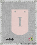 A taped needlepoint canvas with the design: Banner 13 mesh count Curved I White on Pink.