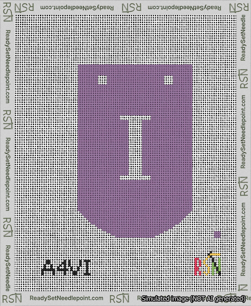 A taped needlepoint canvas with the design: Banner 13 mesh count Curved I White on Purple.