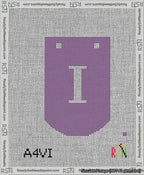 A taped needlepoint canvas with the design: Banner 13 mesh count Curved I White on Purple.