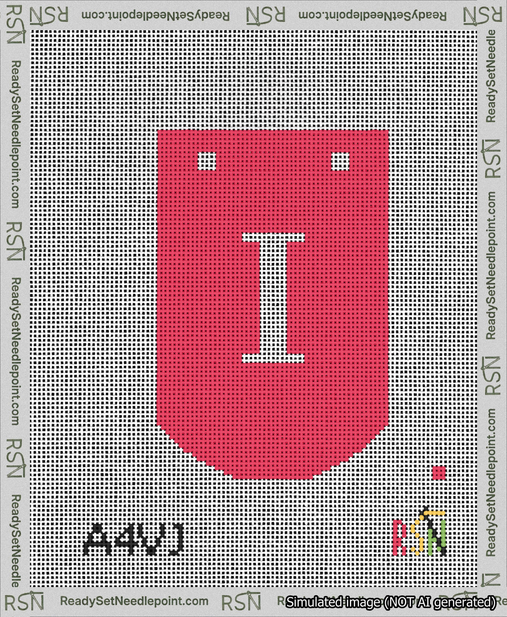 A taped needlepoint canvas with the design: Banner 13 mesh count Curved I White on Red.