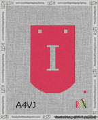 A taped needlepoint canvas with the design: Banner 13 mesh count Curved I White on Red.