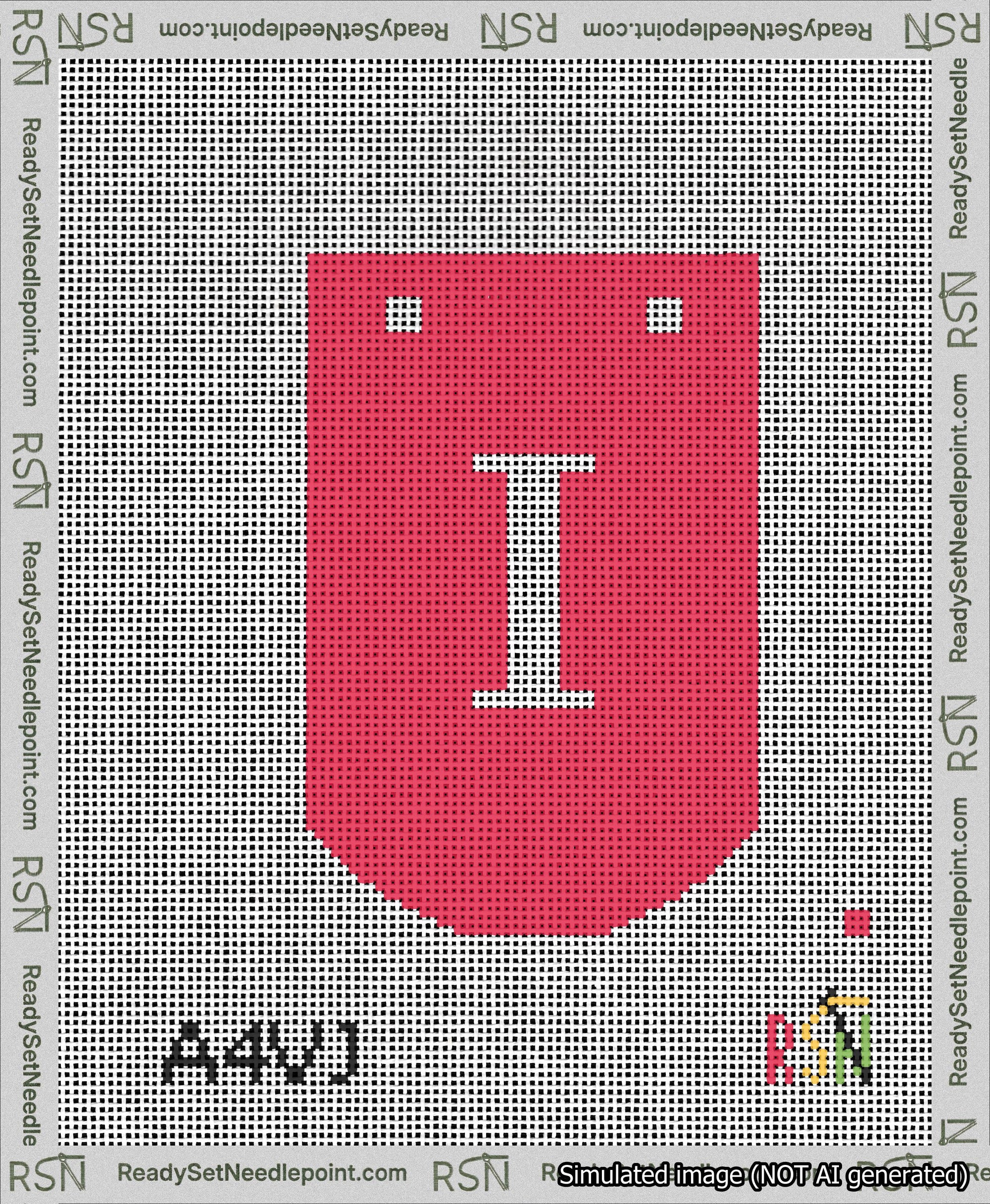 A taped needlepoint canvas with the design: Banner 13 mesh count Curved I White on Red.