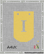 A taped needlepoint canvas with the design: Banner 13 mesh count Curved I White on Yellow.