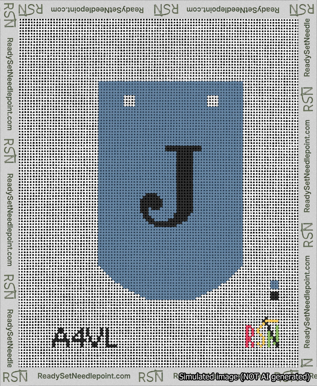 A taped needlepoint canvas with the design: Banner 13 mesh count Curved J Black on Blue.