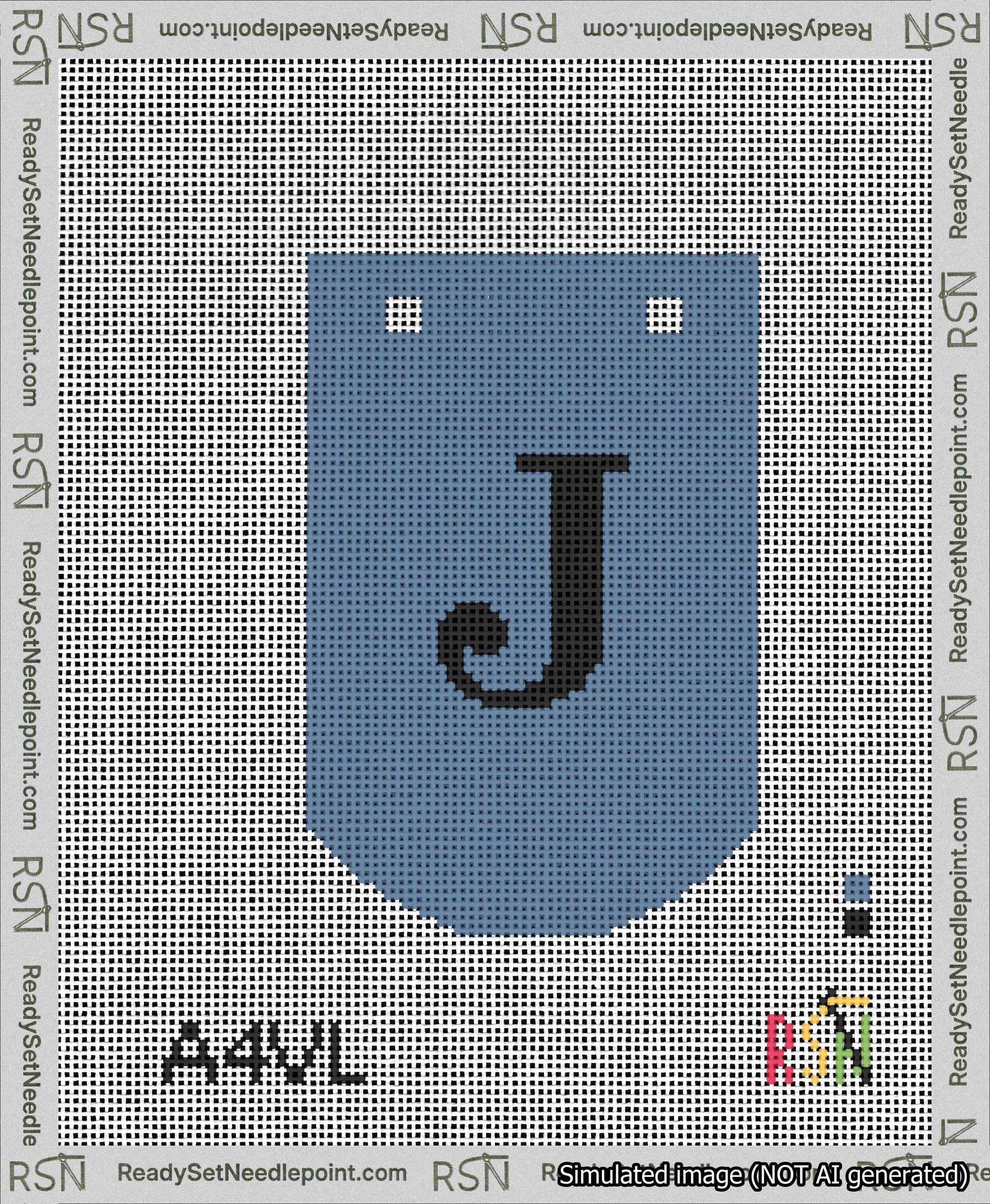 A taped needlepoint canvas with the design: Banner 13 mesh count Curved J Black on Blue.