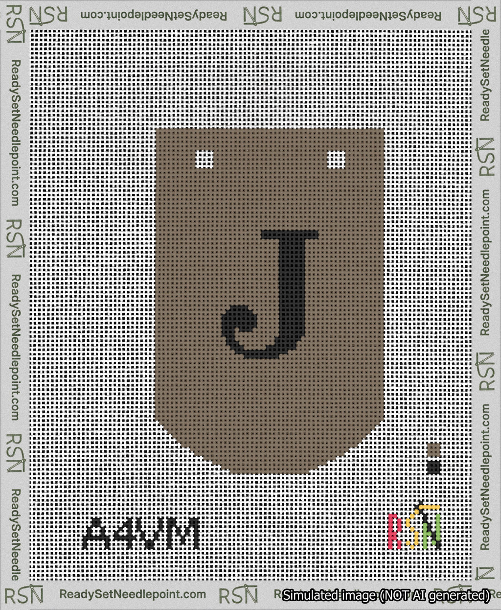 A taped needlepoint canvas with the design: Banner 13 mesh count Curved J Black on Brown.