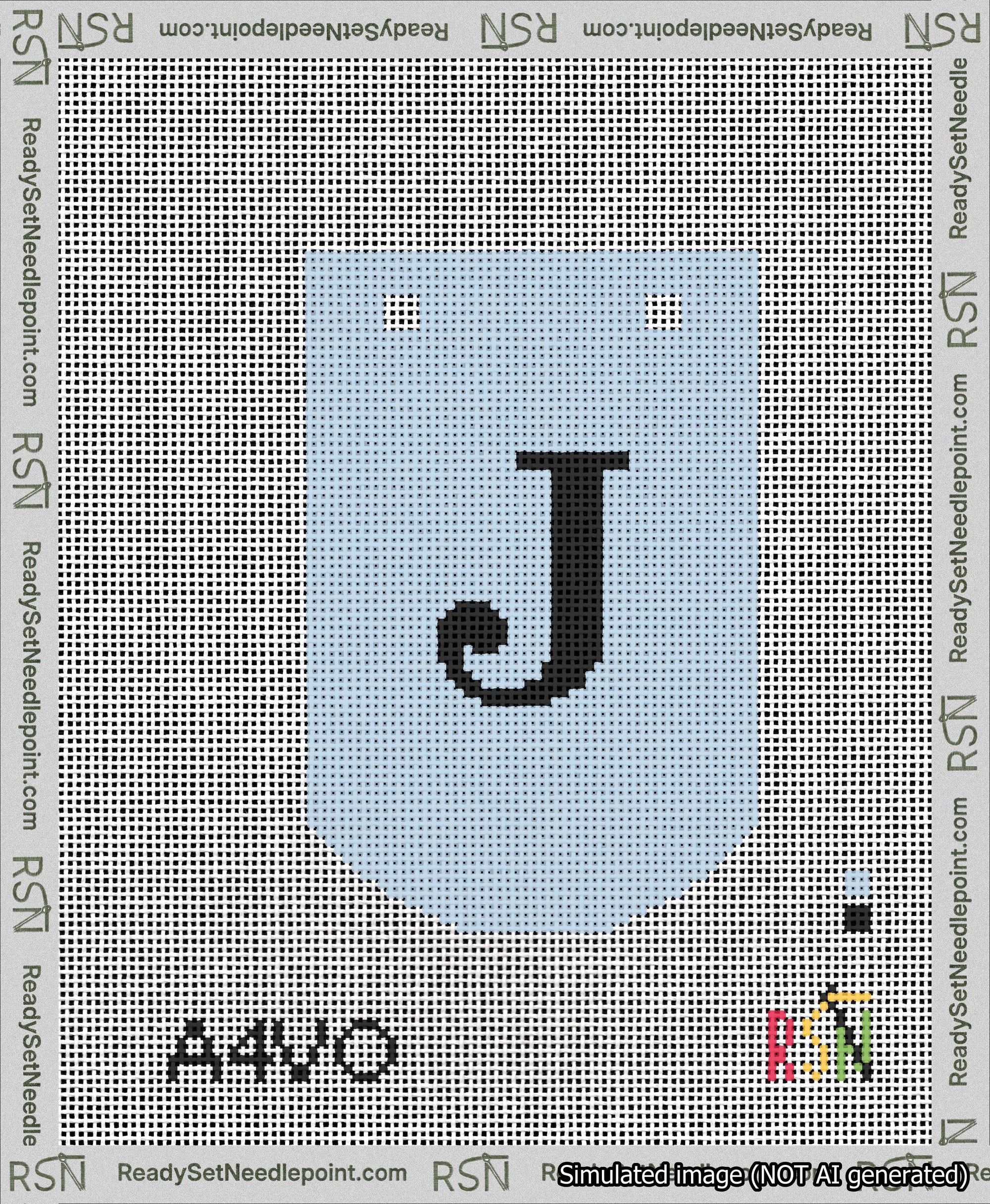 A taped needlepoint canvas with the design: Banner 13 mesh count Curved J Black on Light Blue.