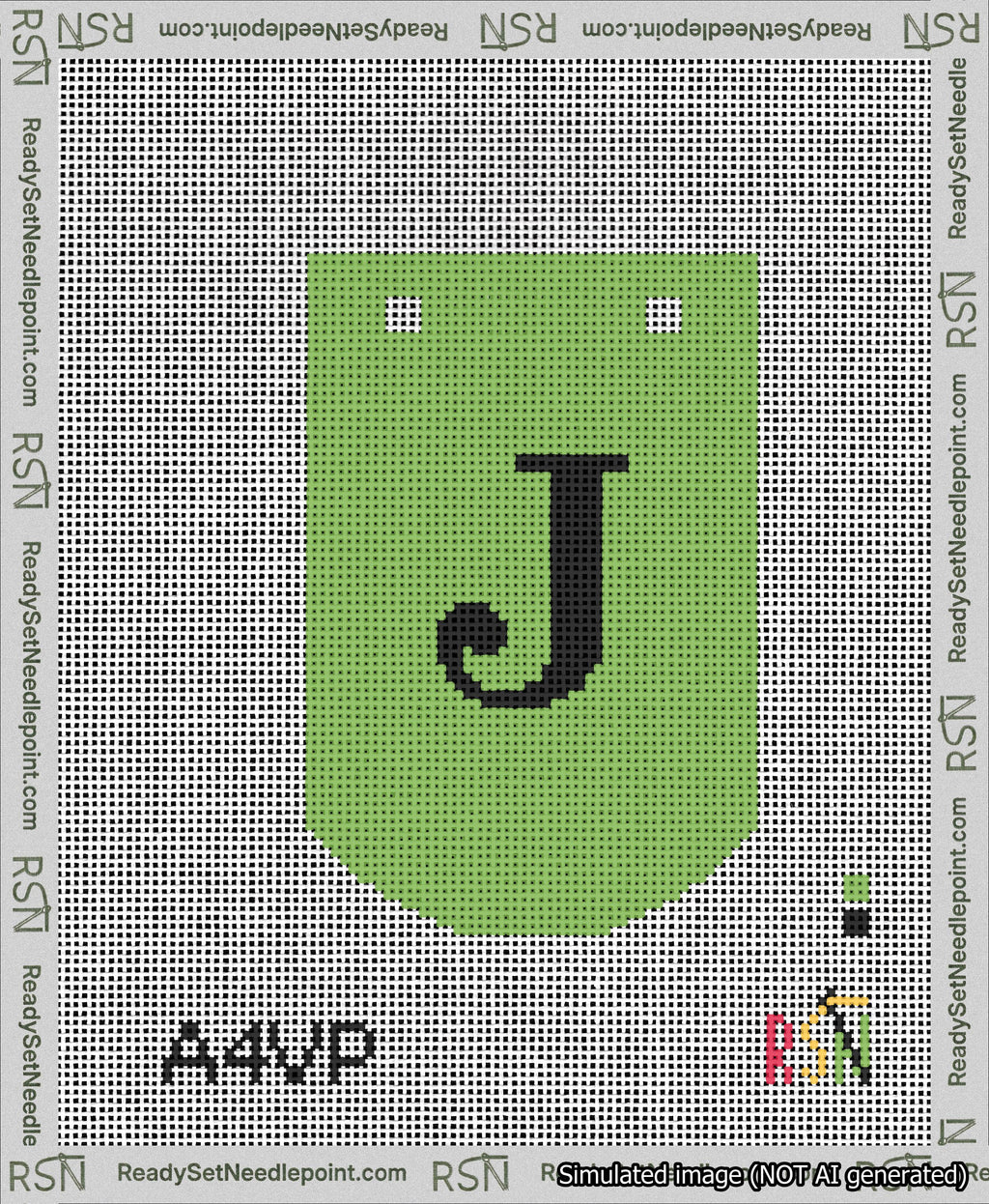 A taped needlepoint canvas with the design: Banner 13 mesh count Curved J Black on Light Green.