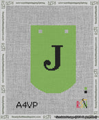 A taped needlepoint canvas with the design: Banner 13 mesh count Curved J Black on Light Green.