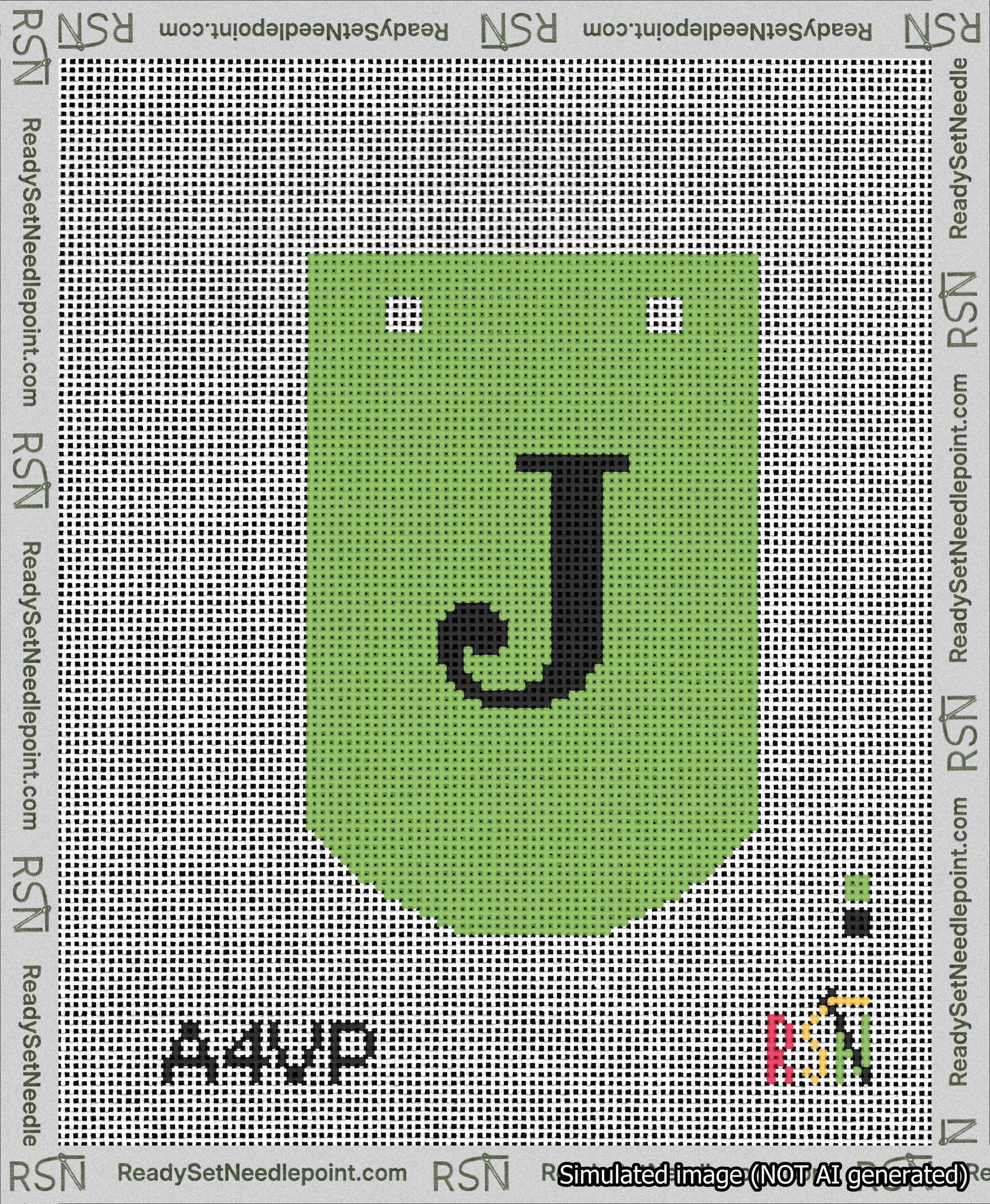 A taped needlepoint canvas with the design: Banner 13 mesh count Curved J Black on Light Green.