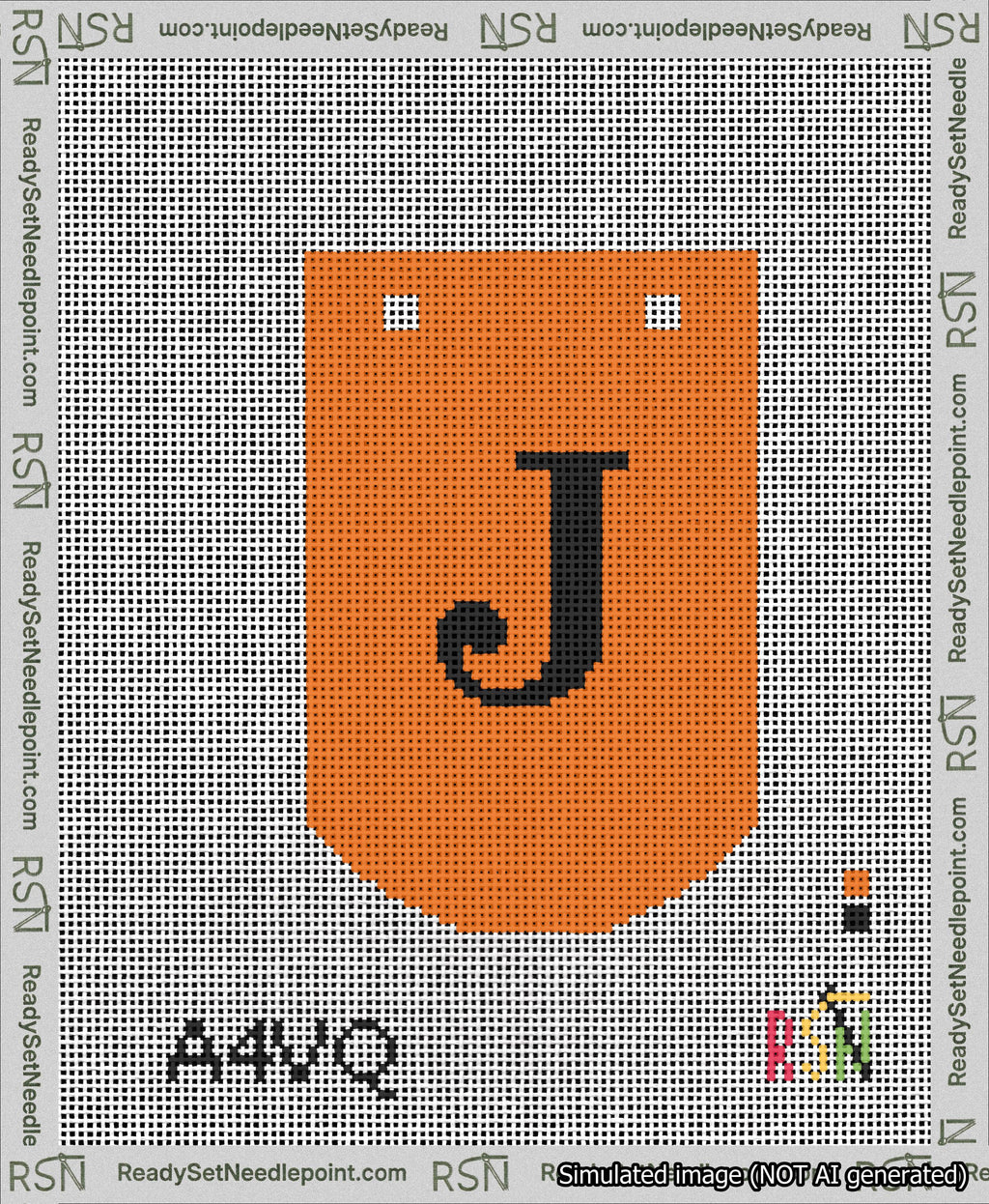A taped needlepoint canvas with the design: Banner 13 mesh count Curved J Black on Orange.