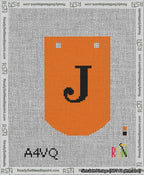 A taped needlepoint canvas with the design: Banner 13 mesh count Curved J Black on Orange.