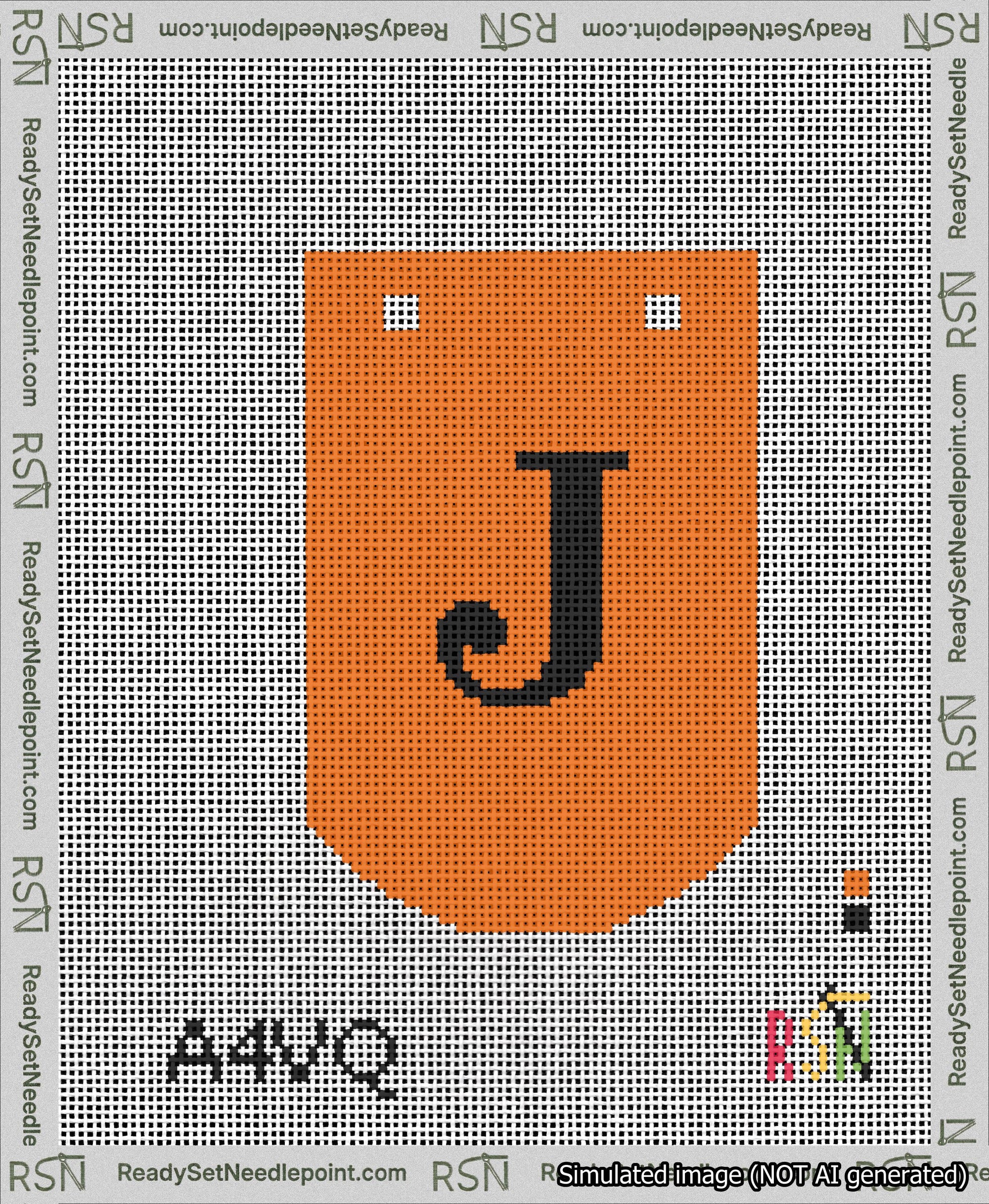 A taped needlepoint canvas with the design: Banner 13 mesh count Curved J Black on Orange.