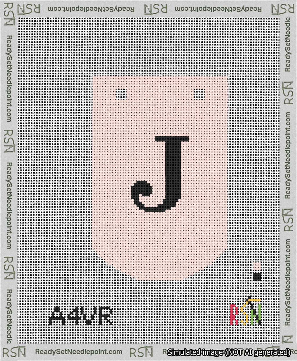 A taped needlepoint canvas with the design: Banner 13 mesh count Curved J Black on Pink.