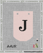 A taped needlepoint canvas with the design: Banner 13 mesh count Curved J Black on Pink.