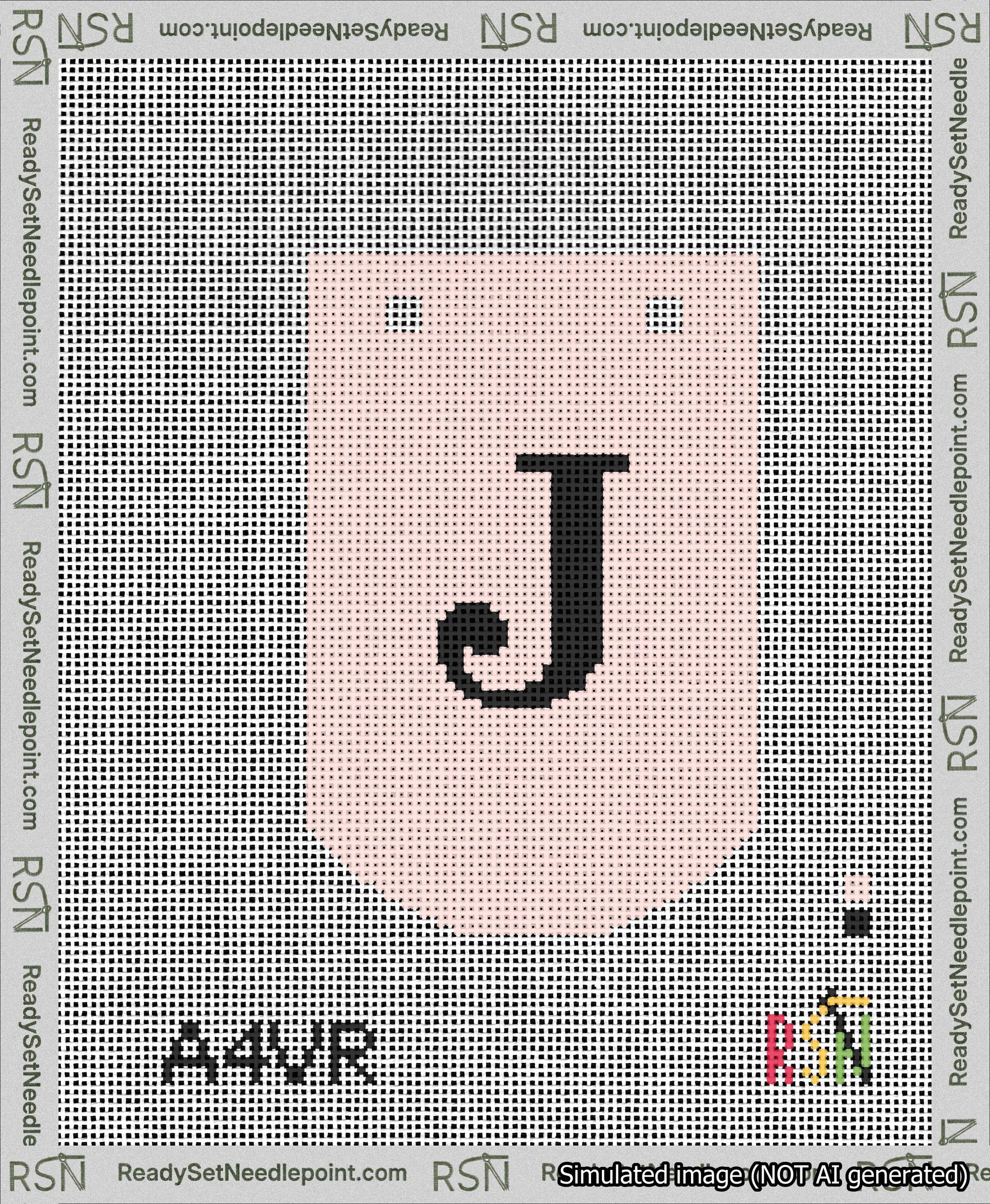 A taped needlepoint canvas with the design: Banner 13 mesh count Curved J Black on Pink.
