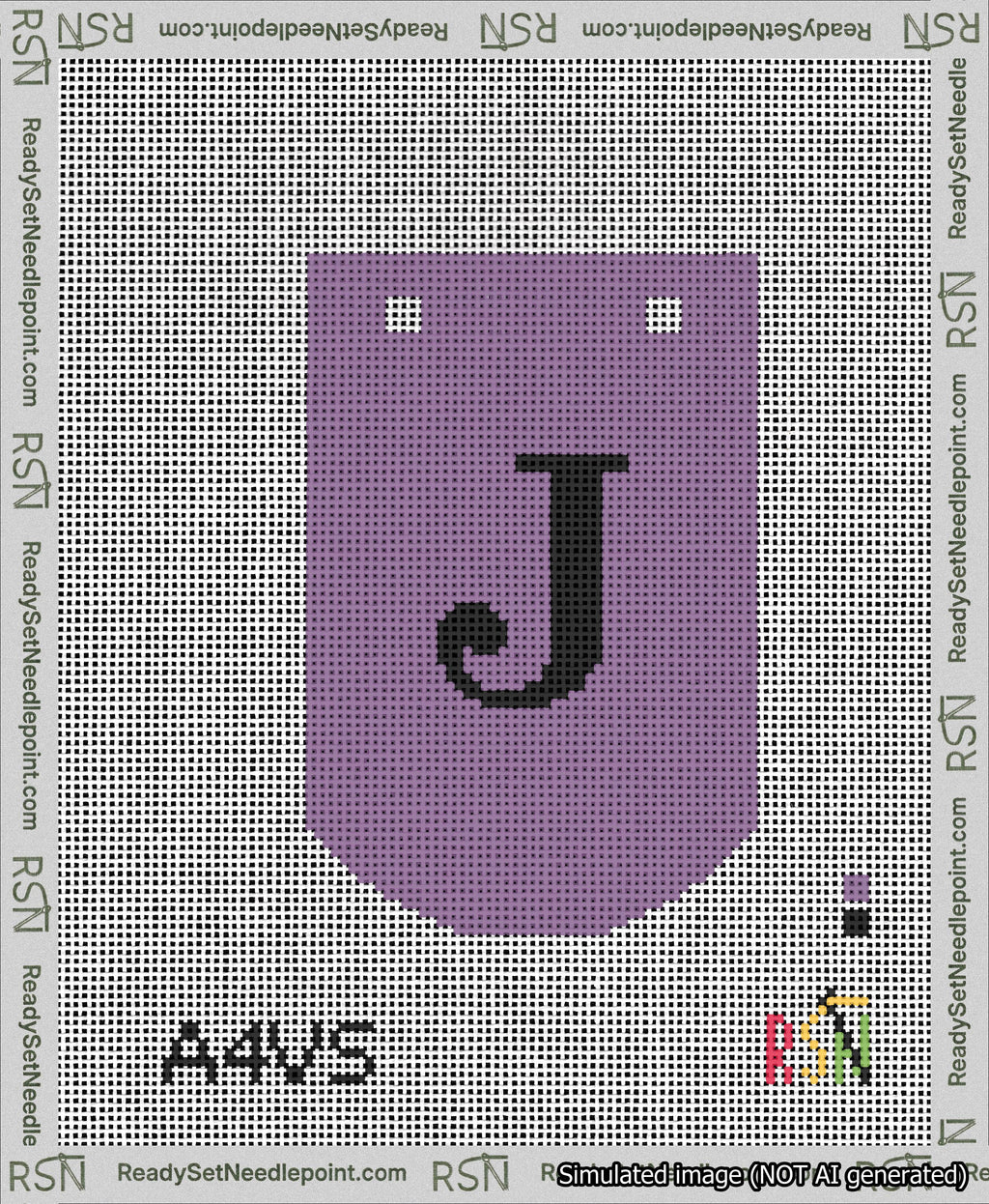 A taped needlepoint canvas with the design: Banner 13 mesh count Curved J Black on Purple.
