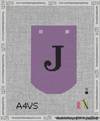 A taped needlepoint canvas with the design: Banner 13 mesh count Curved J Black on Purple.