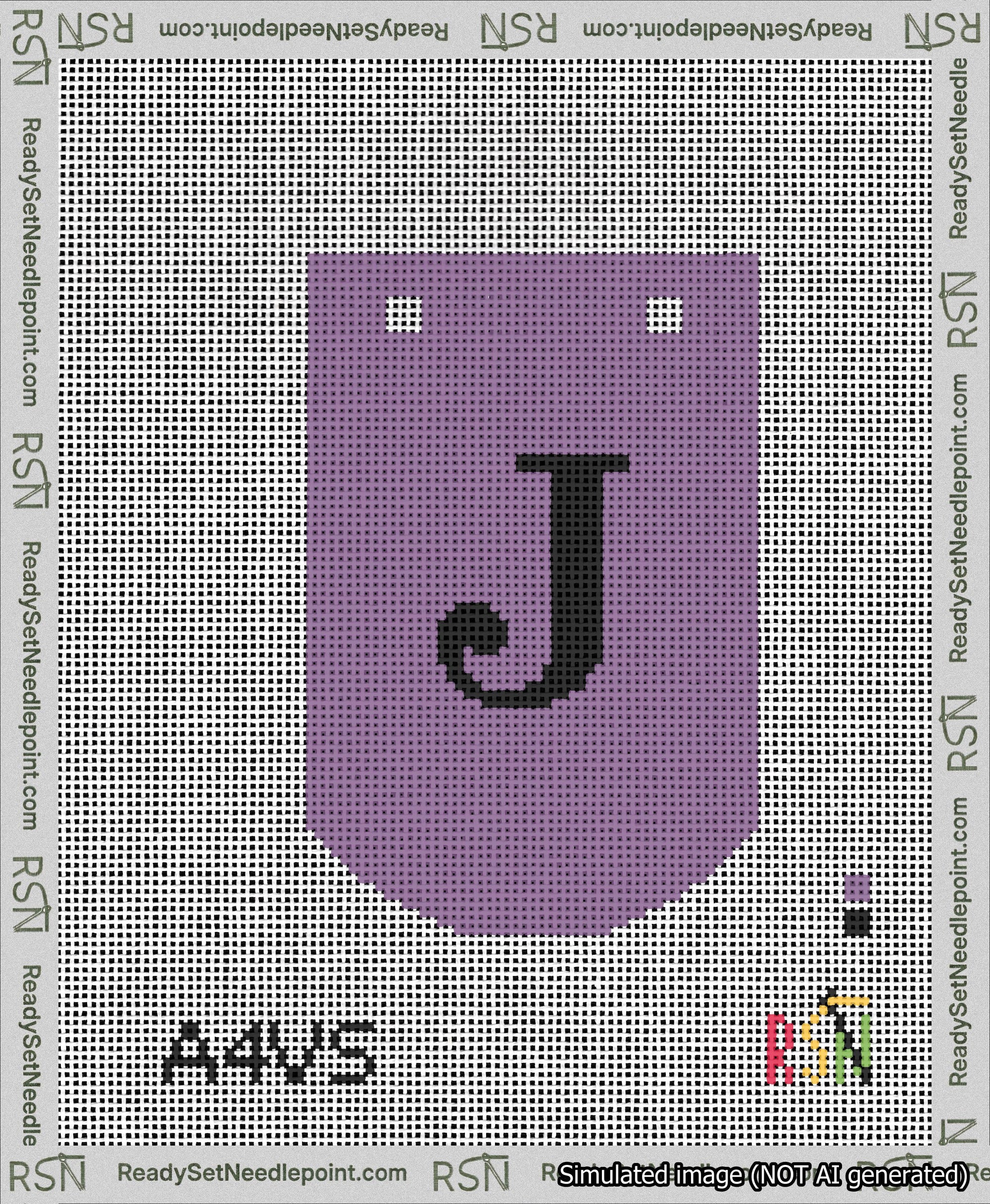 A taped needlepoint canvas with the design: Banner 13 mesh count Curved J Black on Purple.