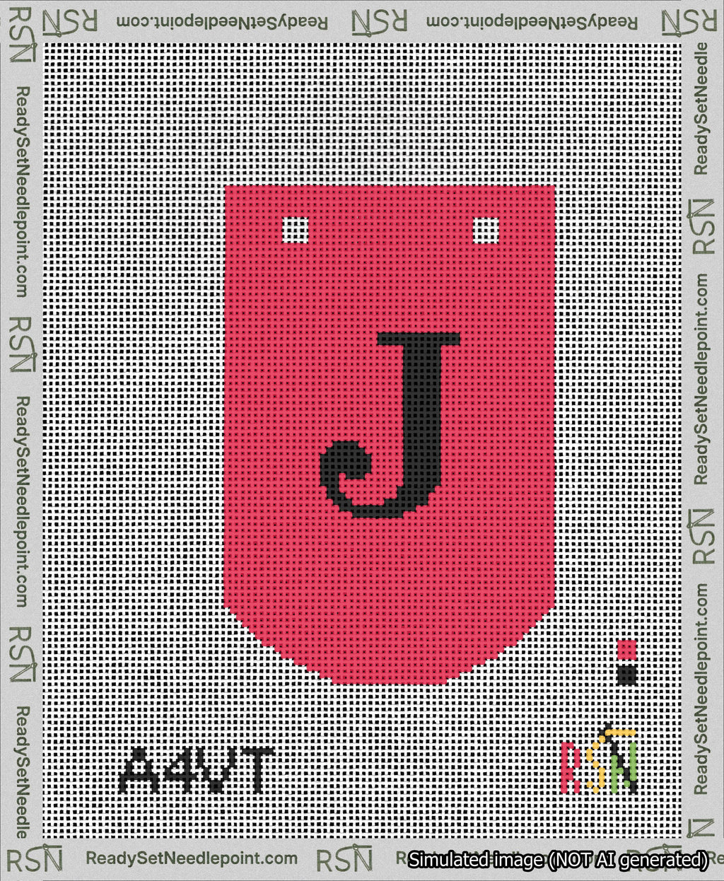 A taped needlepoint canvas with the design: Banner 13 mesh count Curved J Black on Red.