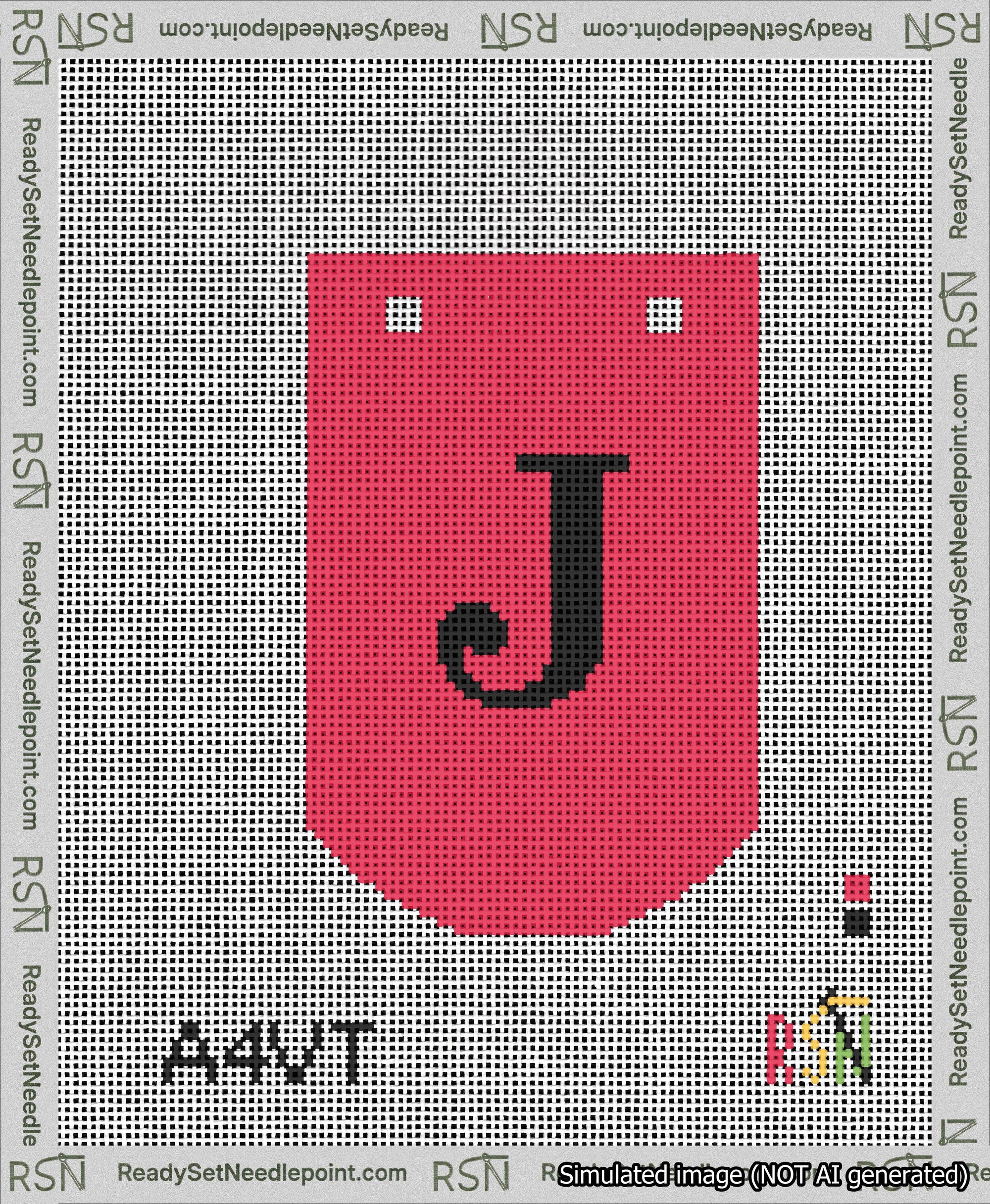 A taped needlepoint canvas with the design: Banner 13 mesh count Curved J Black on Red.