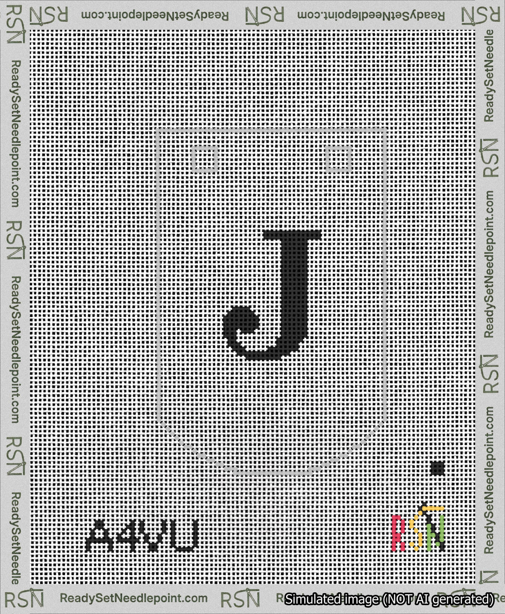 A taped needlepoint canvas with the design: Banner 13 mesh count Curved J Black on White.