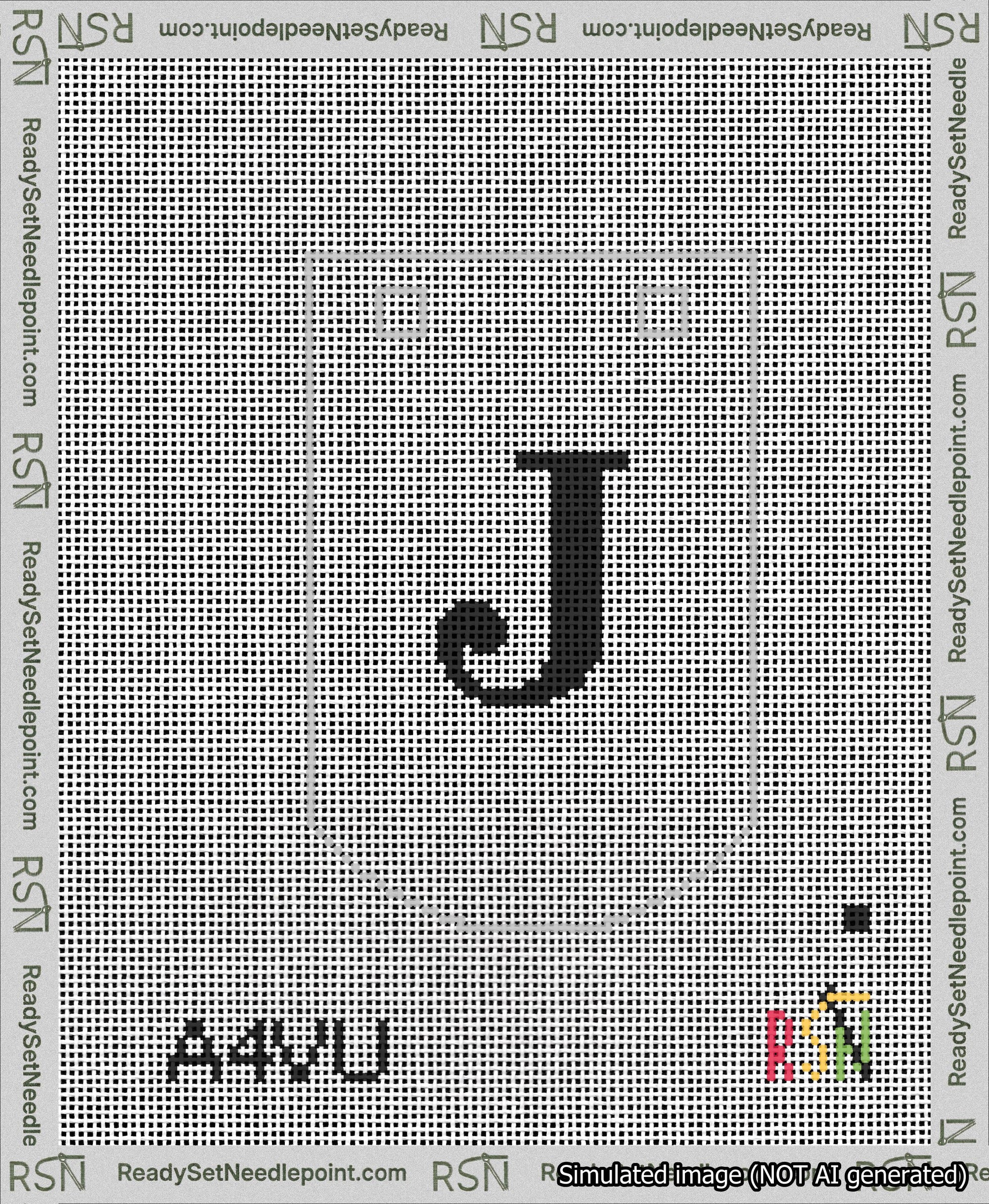 A taped needlepoint canvas with the design: Banner 13 mesh count Curved J Black on White.