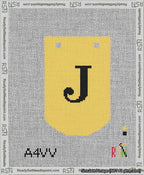 A taped needlepoint canvas with the design: Banner 13 mesh count Curved J Black on Yellow.