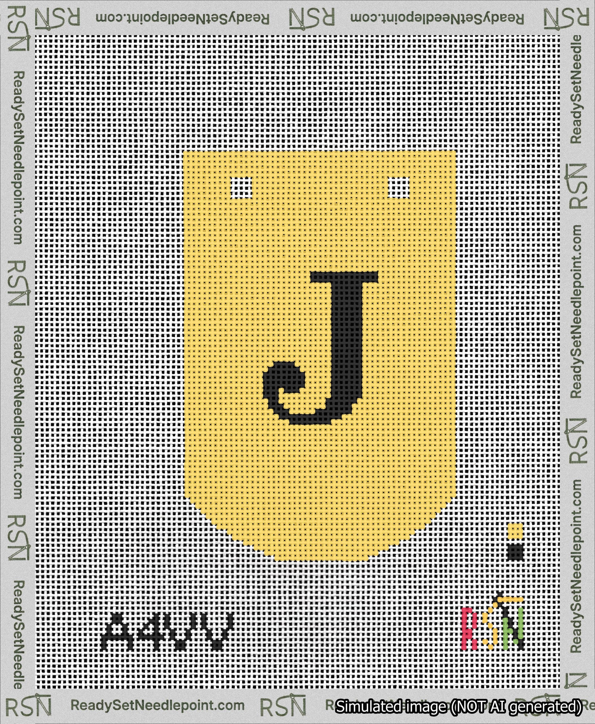 A taped needlepoint canvas with the design: Banner 13 mesh count Curved J Black on Yellow.