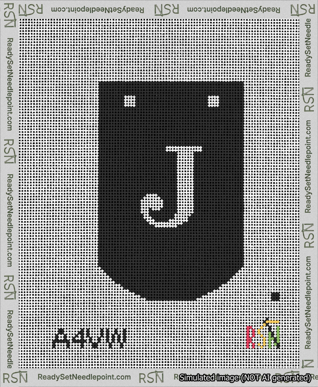 A taped needlepoint canvas with the design: Banner 13 mesh count Curved J White on Black.