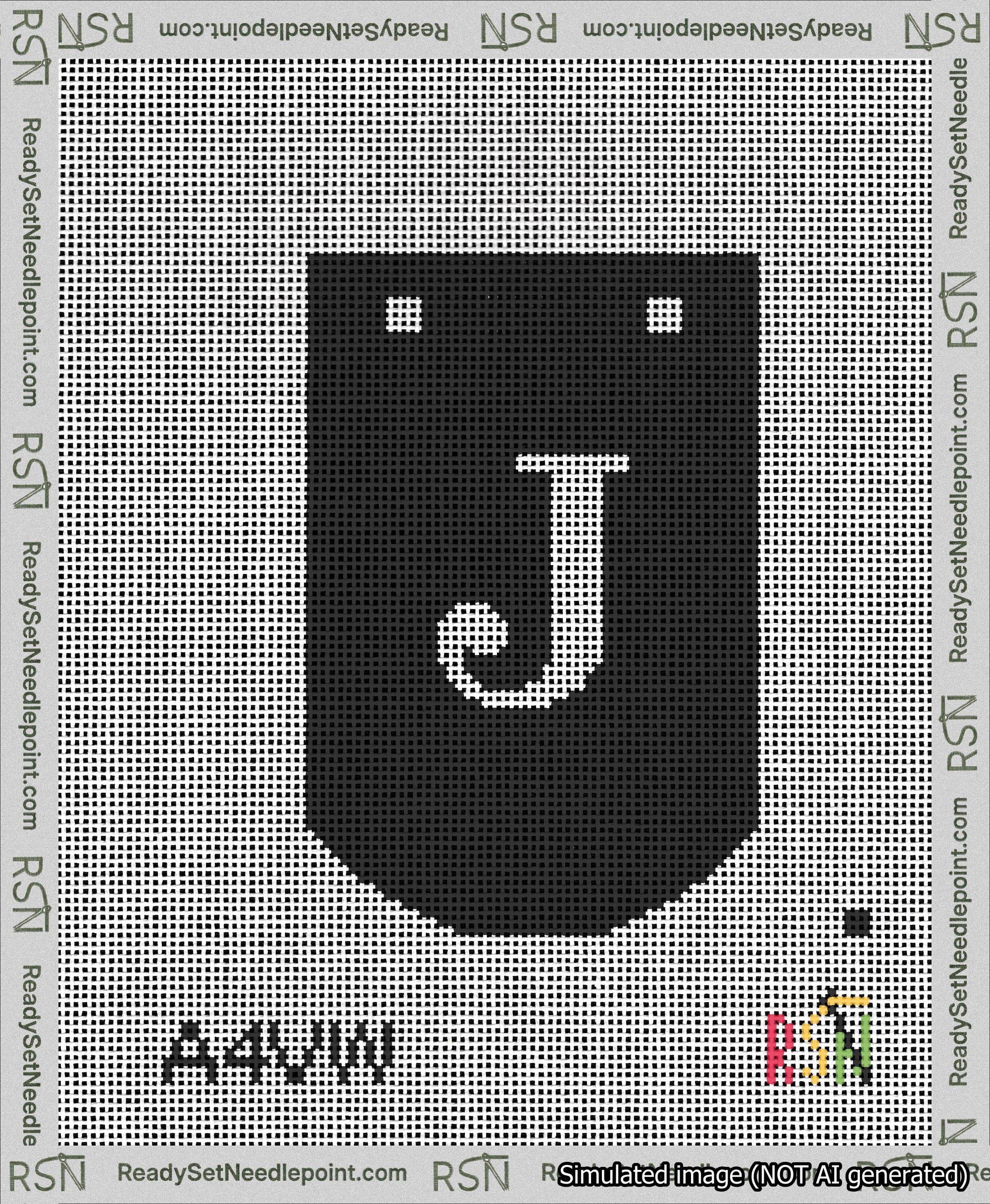 A taped needlepoint canvas with the design: Banner 13 mesh count Curved J White on Black.