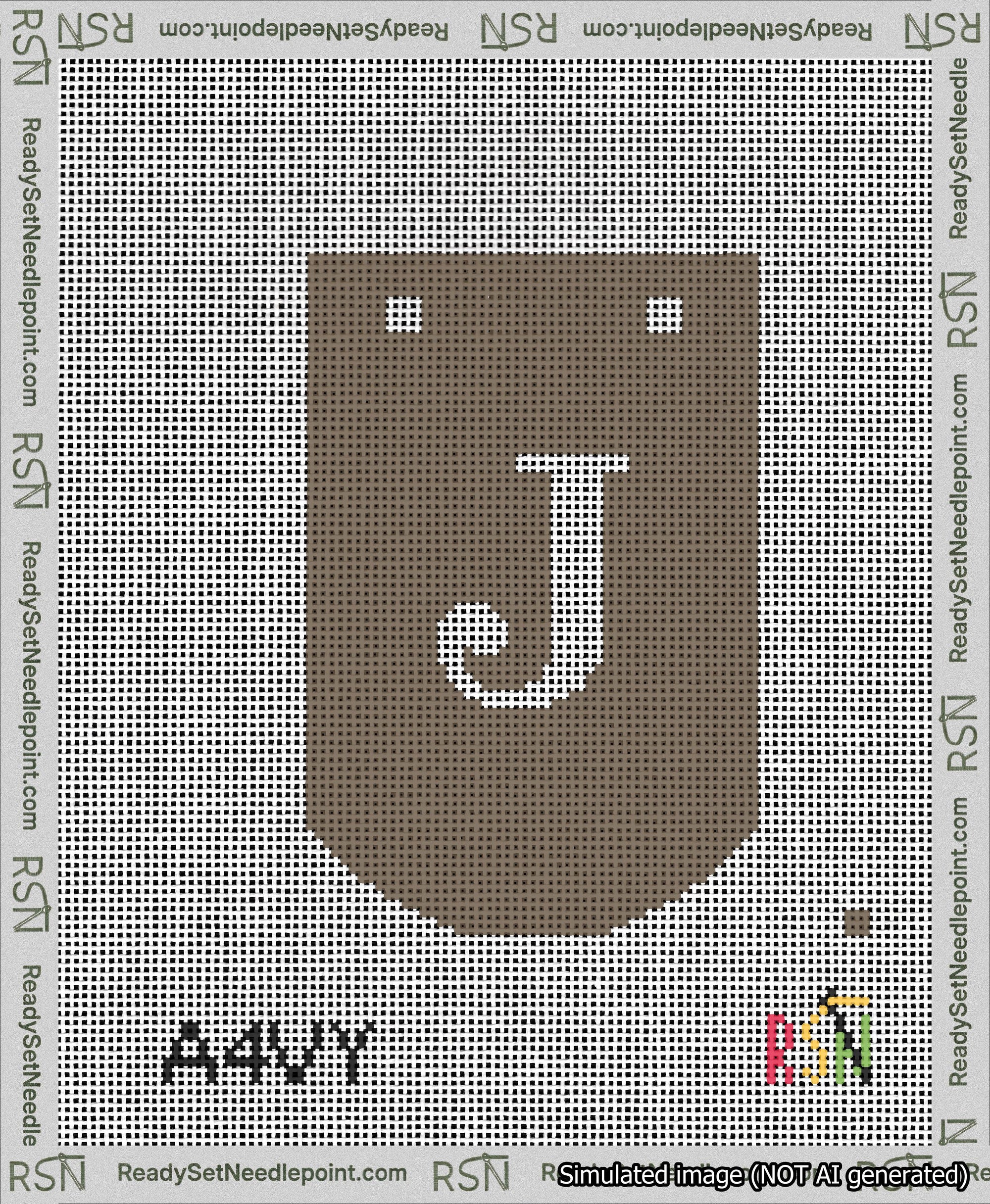 A taped needlepoint canvas with the design: Banner 13 mesh count Curved J White on Brown.