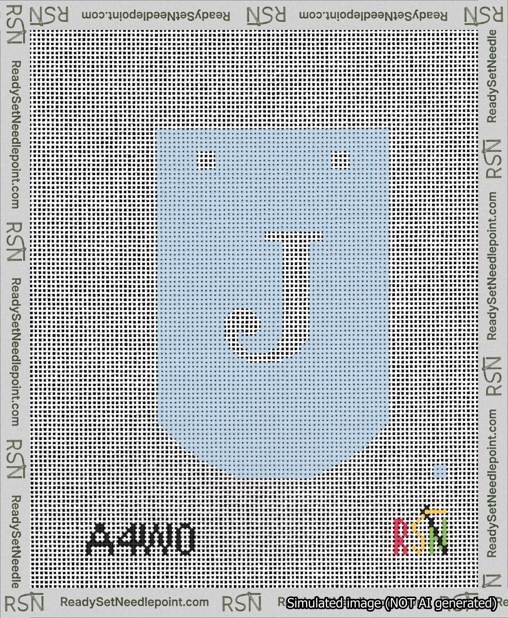 A taped needlepoint canvas with the design: Banner 13 mesh count Curved J White on Light Blue.